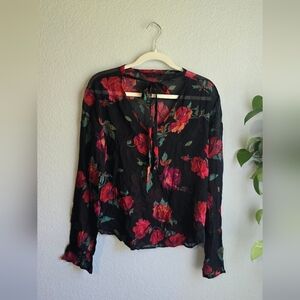 Express Black Blouse with Red Floral Design